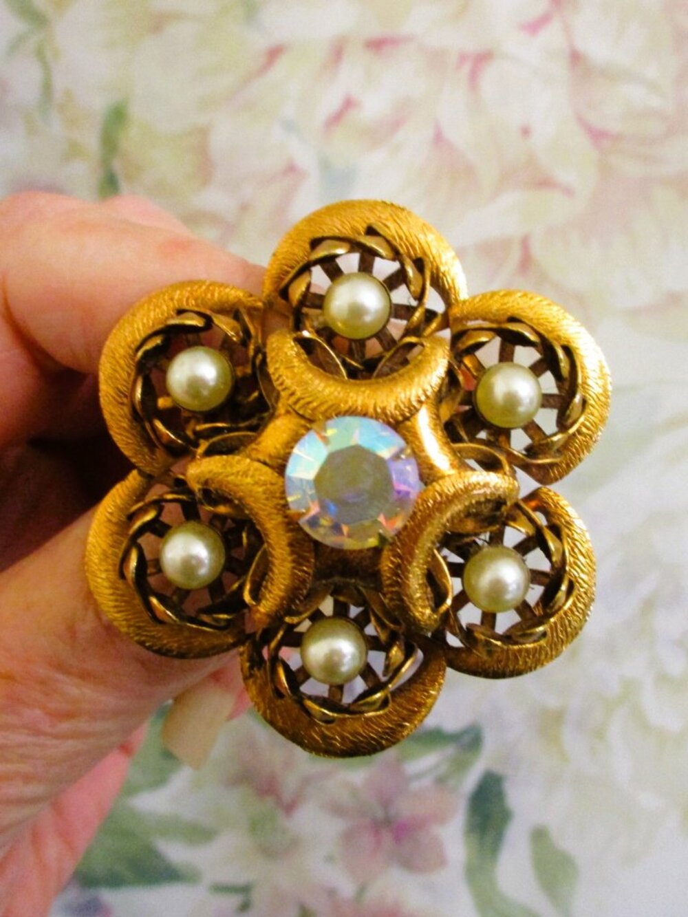 VINTAGE Layered Floral Brooch: Faux Pearl, Aurora Borealis Crystal Rhinestone